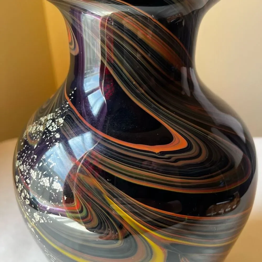 Murano Style Art Glass Vase Hand Blown Black with Gold Foil Mid Century Modern - Picture 10 of 12